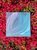 Abstract painting with wavy lines on a bed of pink flowers
